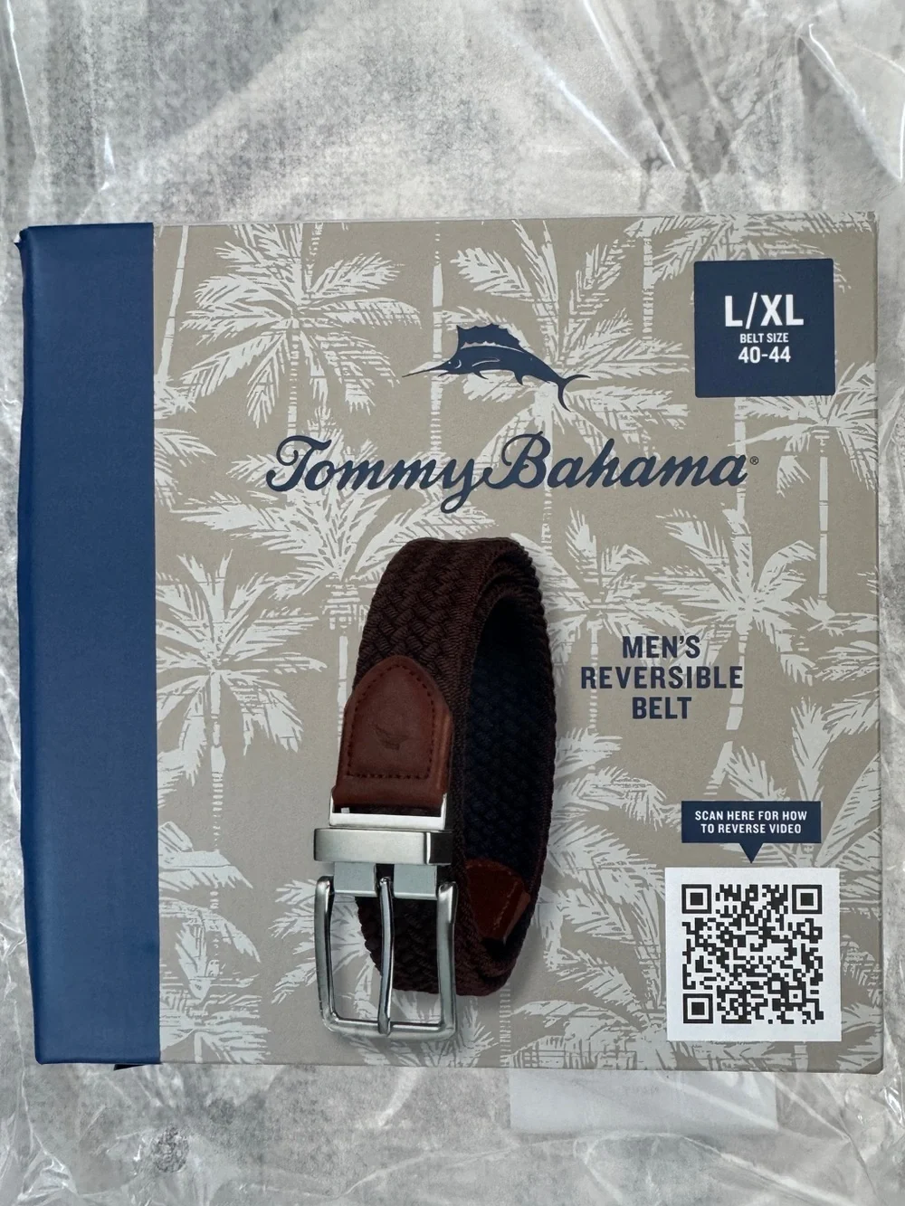 Tommy Bahama Men's Stretch Braided Reversible Belt, Navy/Brown, Large/XL, NWT